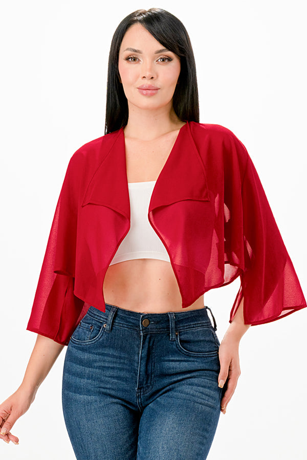 Sheer Chiffon Bolero with cascading front opening and wide elbow length sleeves with slit