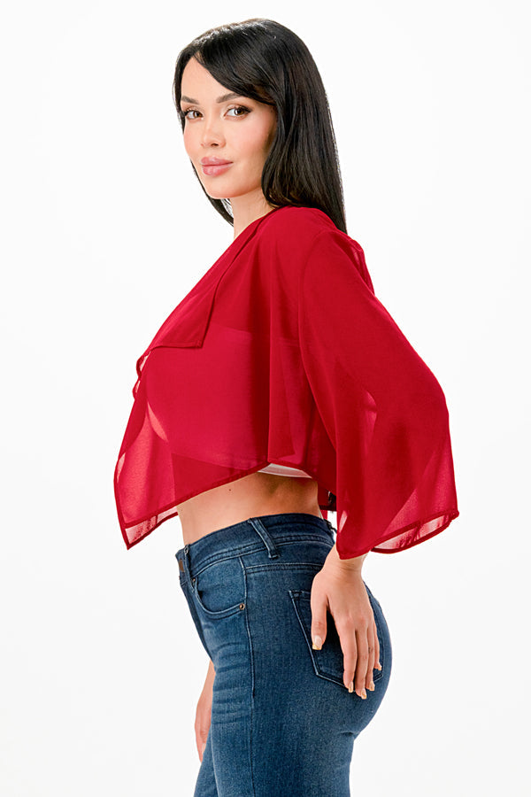 Sheer Chiffon Bolero with cascading front opening and wide elbow length sleeves with slit