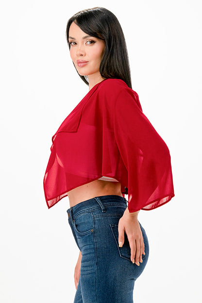 Sheer Chiffon Bolero with cascading front opening and wide elbow length sleeves with slit