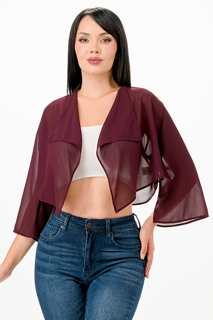 Sheer Chiffon Bolero with cascading front opening and wide elbow length sleeves with slit