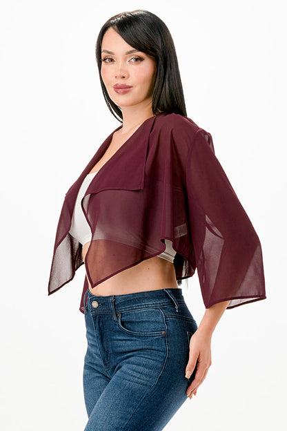 Sheer Chiffon Bolero with cascading front opening and wide elbow length sleeves with slit