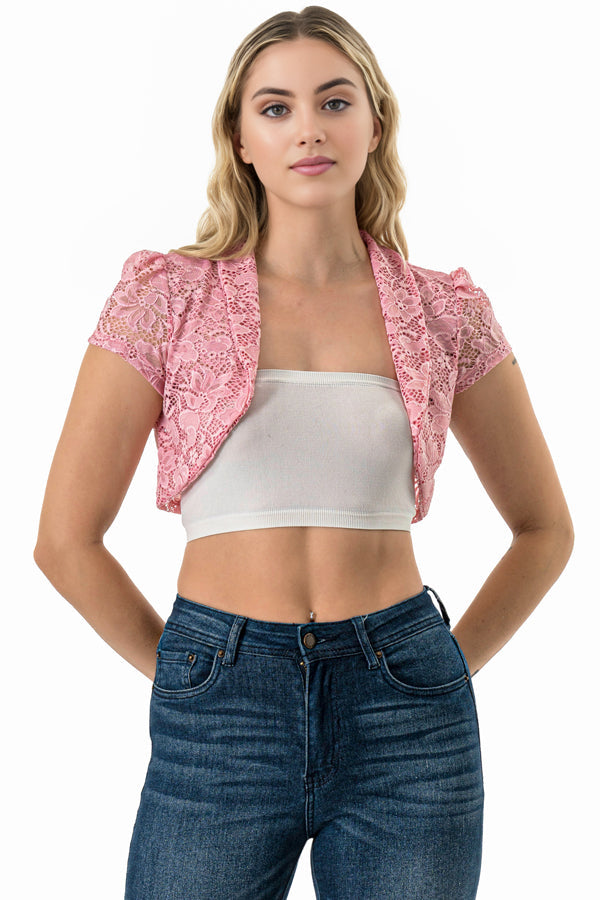 Crochet lace cropped shrug with open front and cap sleeves.