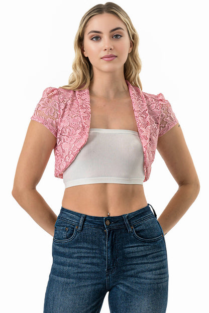 Crochet lace cropped shrug with open front and cap sleeves.