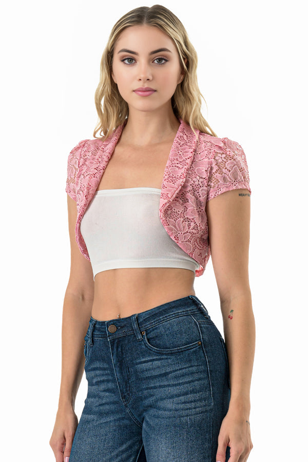 Crochet lace cropped shrug with open front and cap sleeves.