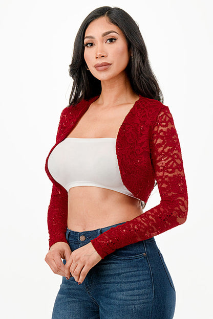 Lace, draped neckline, long sleeve, open front, cropped jacket.