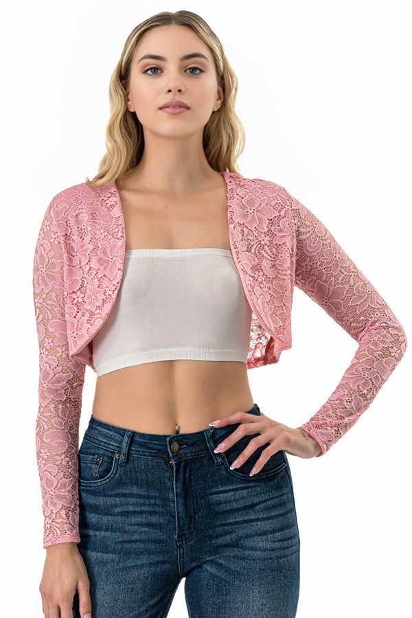 Lace, draped neckline, long sleeve, open front, cropped jacket.