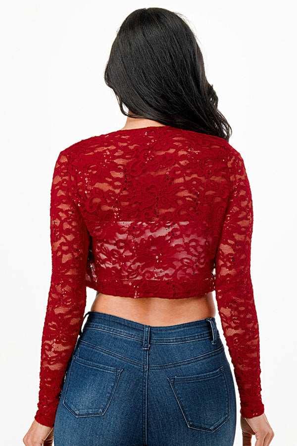Lace, draped neckline, long sleeve, open front, cropped jacket.