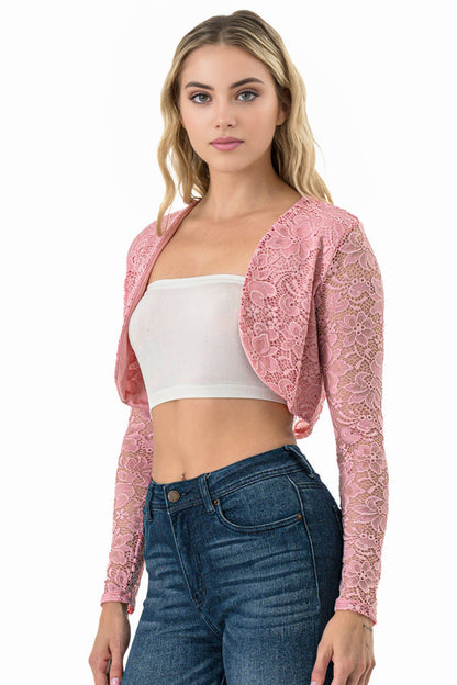 Lace, draped neckline, long sleeve, open front, cropped jacket.