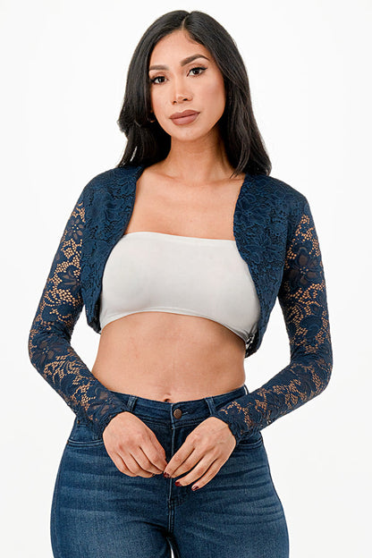 Lace, draped neckline, long sleeve, open front, cropped jacket.