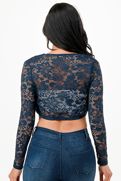 Lace, draped neckline, long sleeve, open front, cropped jacket.