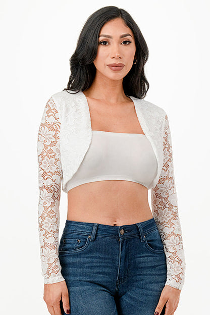 Lace, draped neckline, long sleeve, open front, cropped jacket.