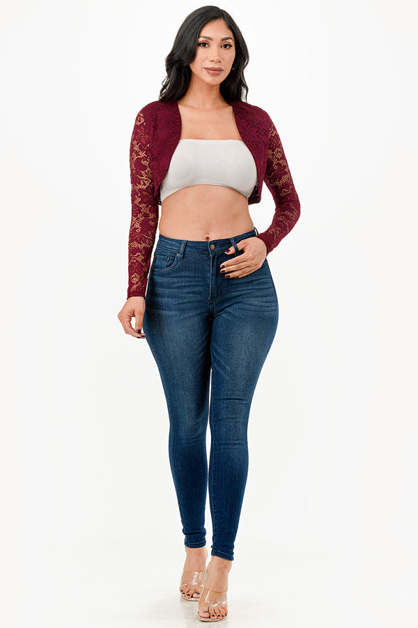 Lace, draped neckline, long sleeve, open front, cropped jacket.