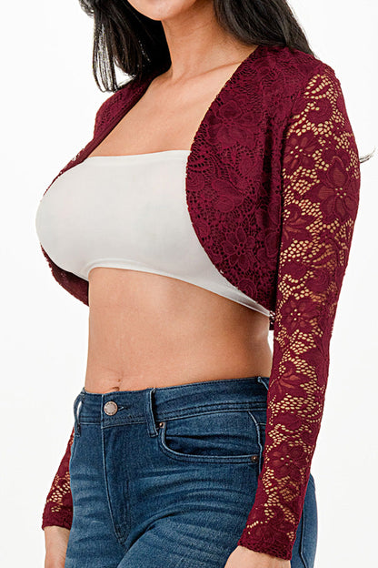 Lace, draped neckline, long sleeve, open front, cropped jacket.