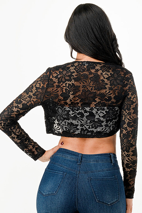 Lace, draped neckline, long sleeve, open front, cropped jacket.