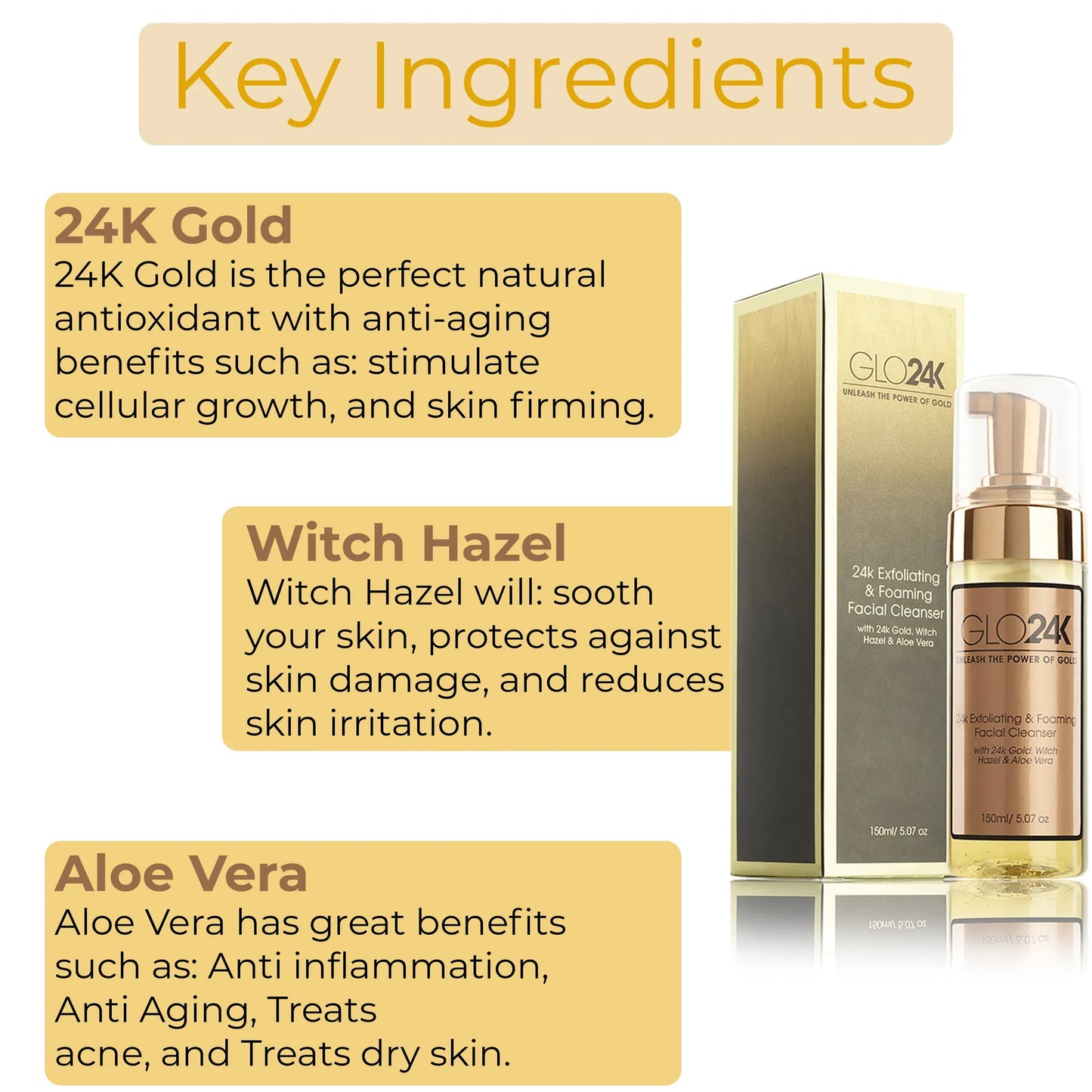 24K Exfoliating & Foaming Facial Cleanser with 24k Gold, Witch Hazel and Aloe Vera