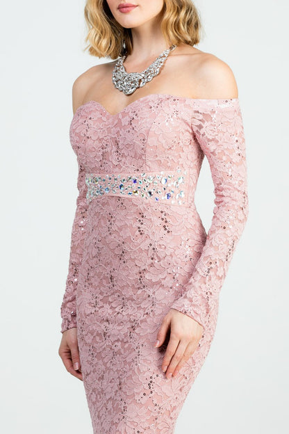Long sleeve lace off the shoulder waist rhinestone detail mermaid gown