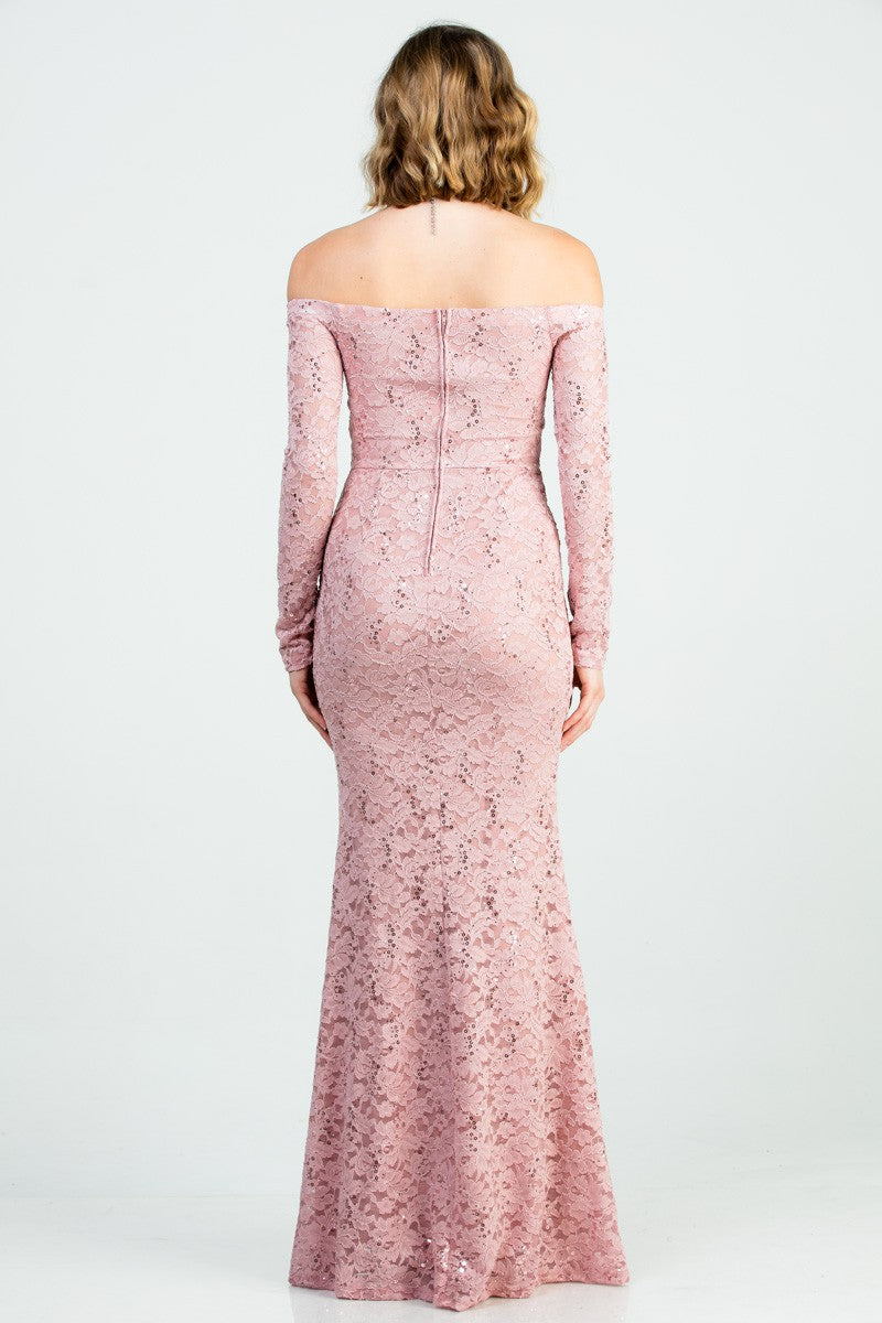 Long sleeve lace off the shoulder waist rhinestone detail mermaid gown