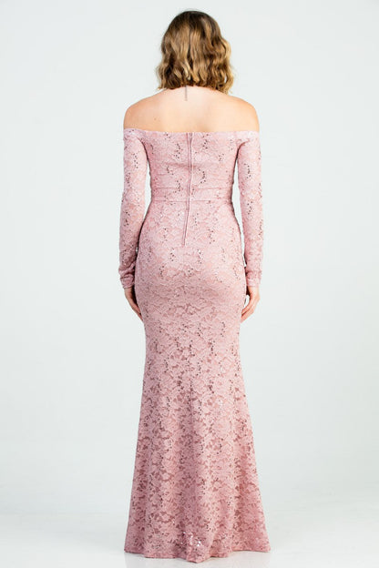Long sleeve lace off the shoulder waist rhinestone detail mermaid gown