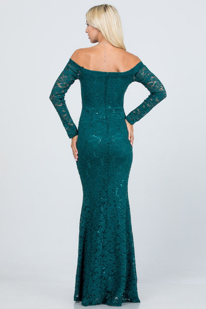 Long sleeve lace off the shoulder waist rhinestone detail mermaid gown