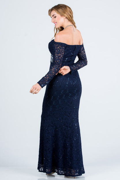 Long sleeve lace off the shoulder waist rhinestone detail mermaid gown