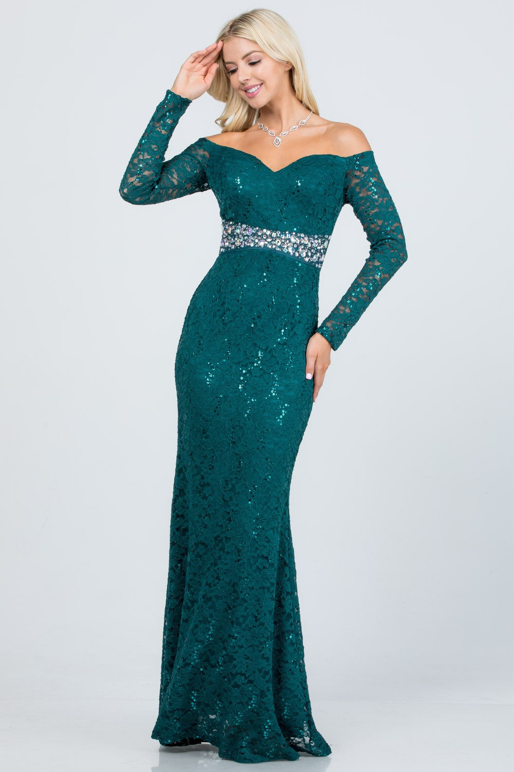 Long sleeve lace off the shoulder waist rhinestone detail mermaid gown