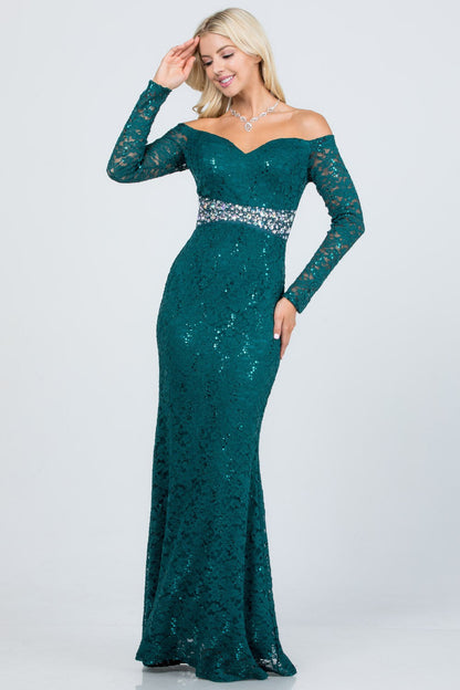 Long sleeve lace off the shoulder waist rhinestone detail mermaid gown