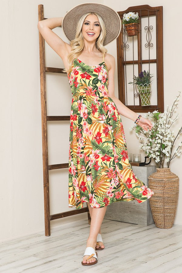 Tropical Print Eyelet Midi Dress