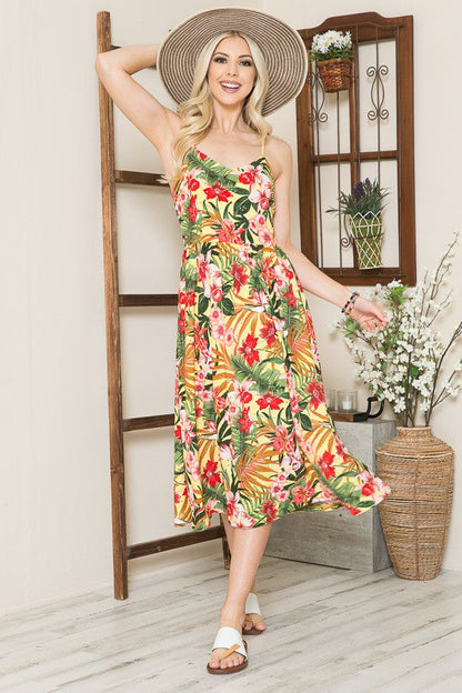 Tropical Print Eyelet Midi Dress