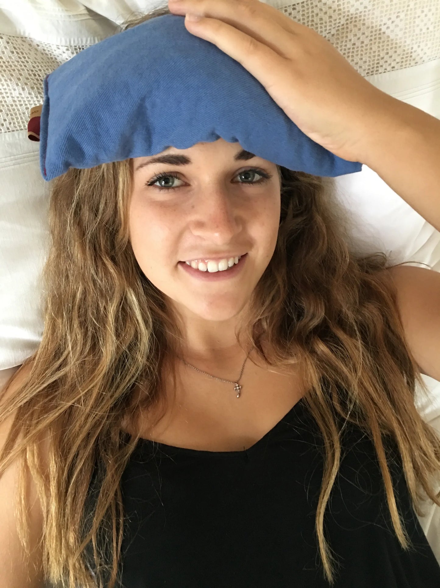 Cherry Ice Blue Denim Eye Pillow in Zip-close Freezer Bag