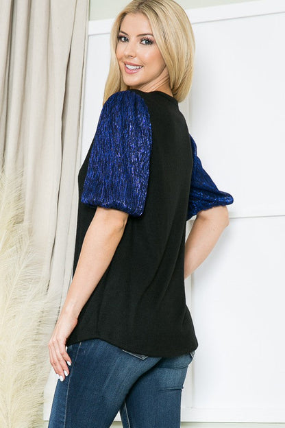 Pleat Mesh Sleeve Knit Top-2 Colos