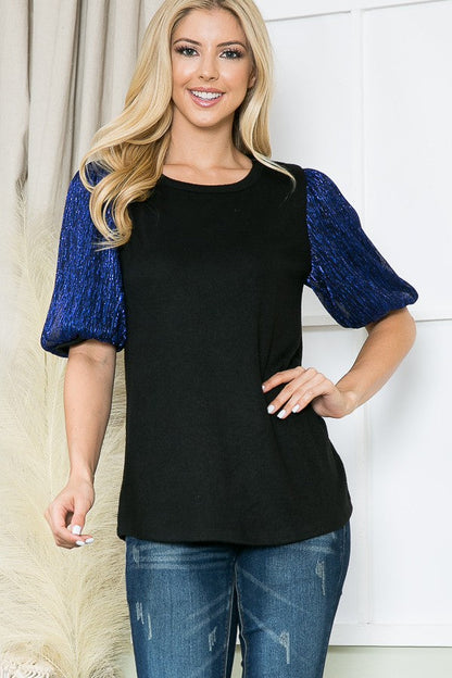 Pleat Mesh Sleeve Knit Top-2 Colos