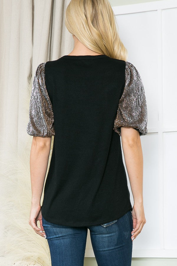 Pleat Mesh Sleeve Knit Top-2 Colos