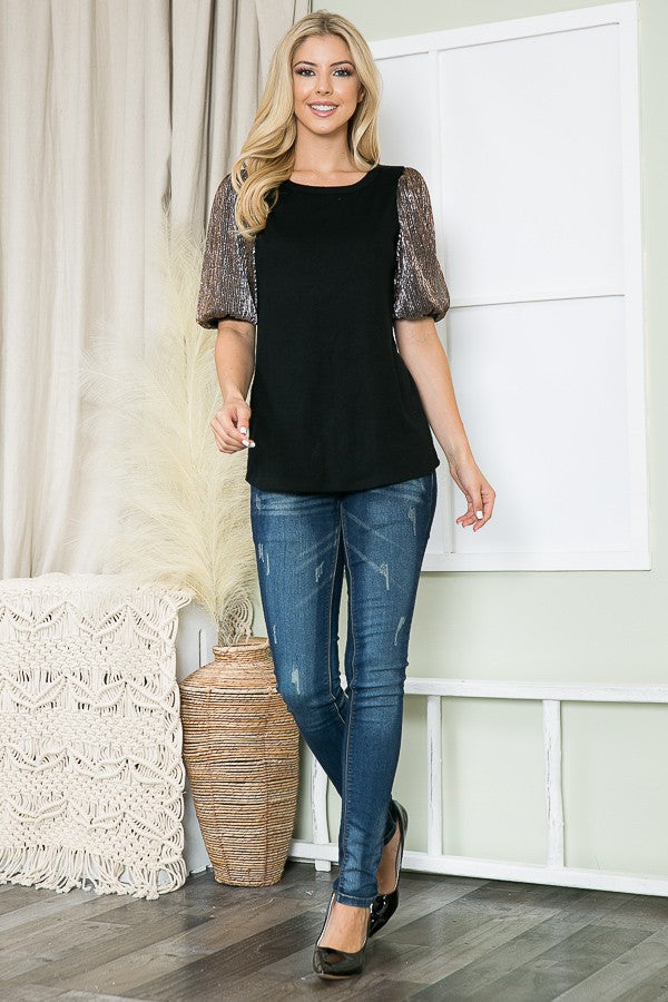 Pleat Mesh Sleeve Knit Top-2 Colos