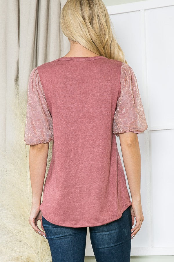 Embossed Mesh Sleeve Knit Top