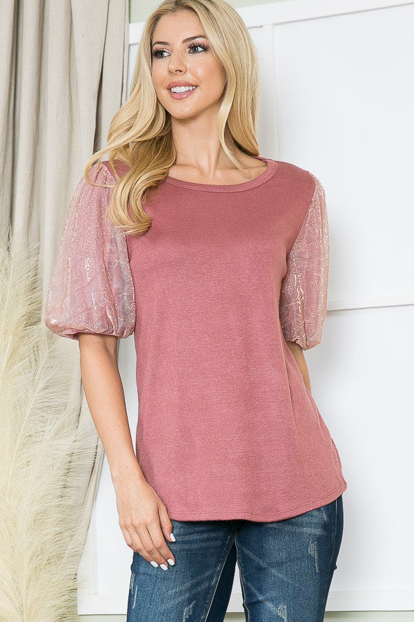 Embossed Mesh Sleeve Knit Top