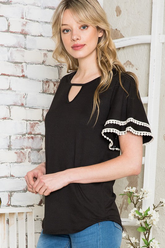 Pom Pom Flutter Sleeve Knit Top-Rayon Spandex
