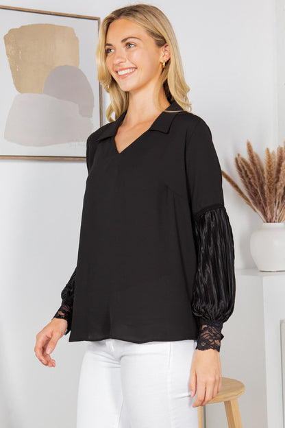 Collared Blouse with Pleated Sleeves