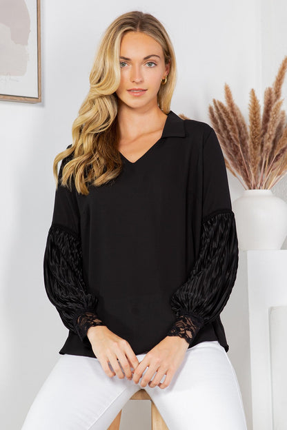 Collared Blouse with Pleated Sleeves