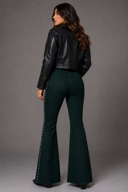 Studded Bell Bottom Jean in Leopard Green