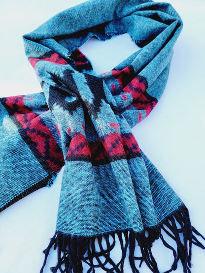 Scarf, Shawl, Extra Soft Unisex Head Cover - Aqua/Red