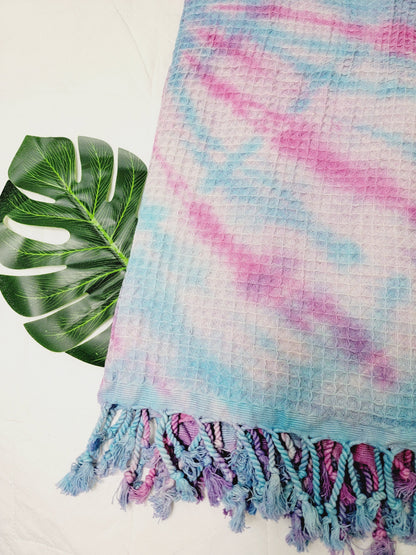 Bath Towel, Waffle Towel, Turkish Beach Towel, Handmade Tie dye Blue/Pink