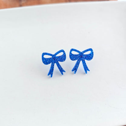 Bow Studs - Blue Glitter