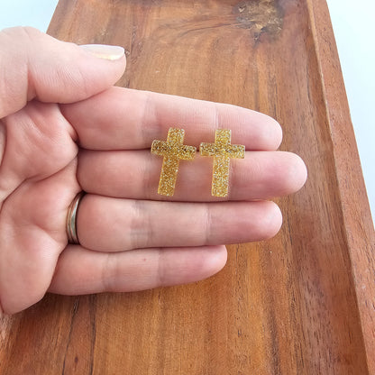 Cross Studs - Gold Glitter