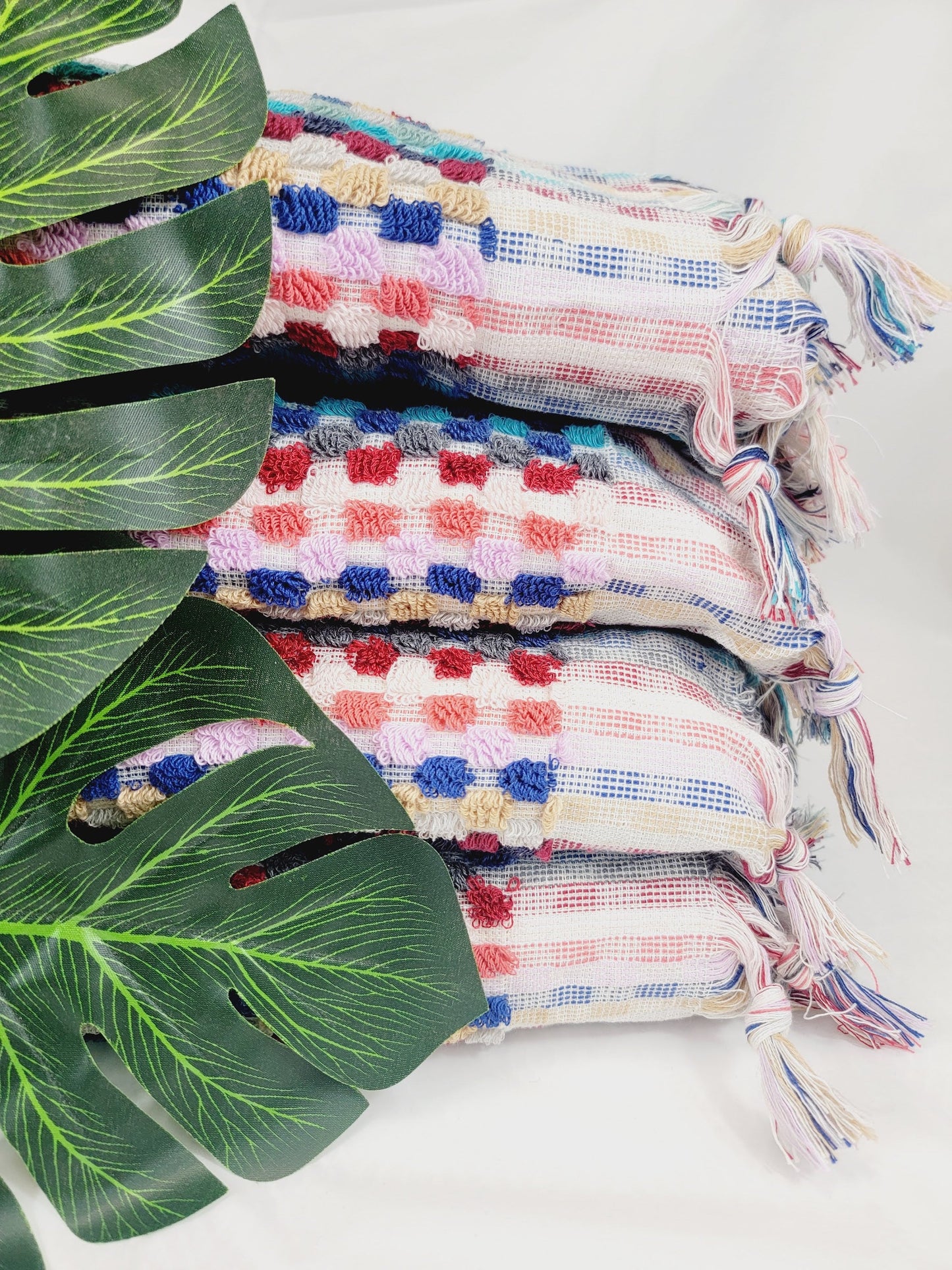 Bath Towels, Organic Turkish Cotton Pom Pom Towels in Pink multicolor
