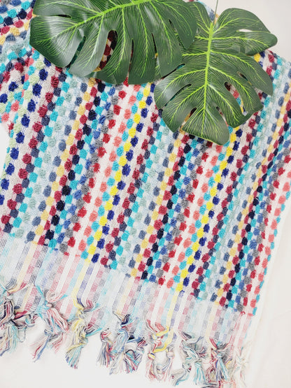 Bath Towels, Organic Turkish Cotton Pom Pom Towels in Red Multicolor