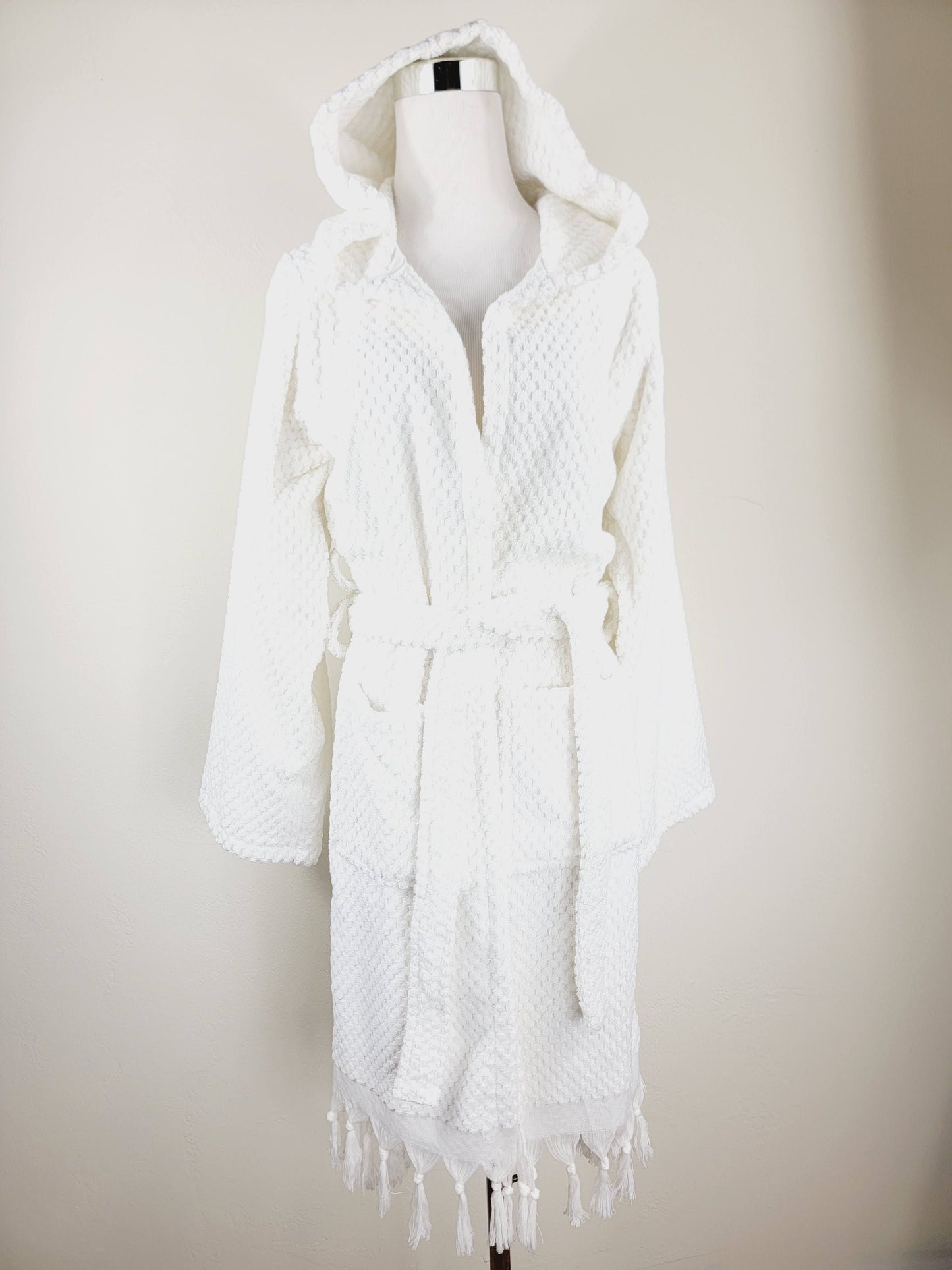 Unisex Robe, Beach Robe, Spa Robe with pockets , White Pom Pom Robe