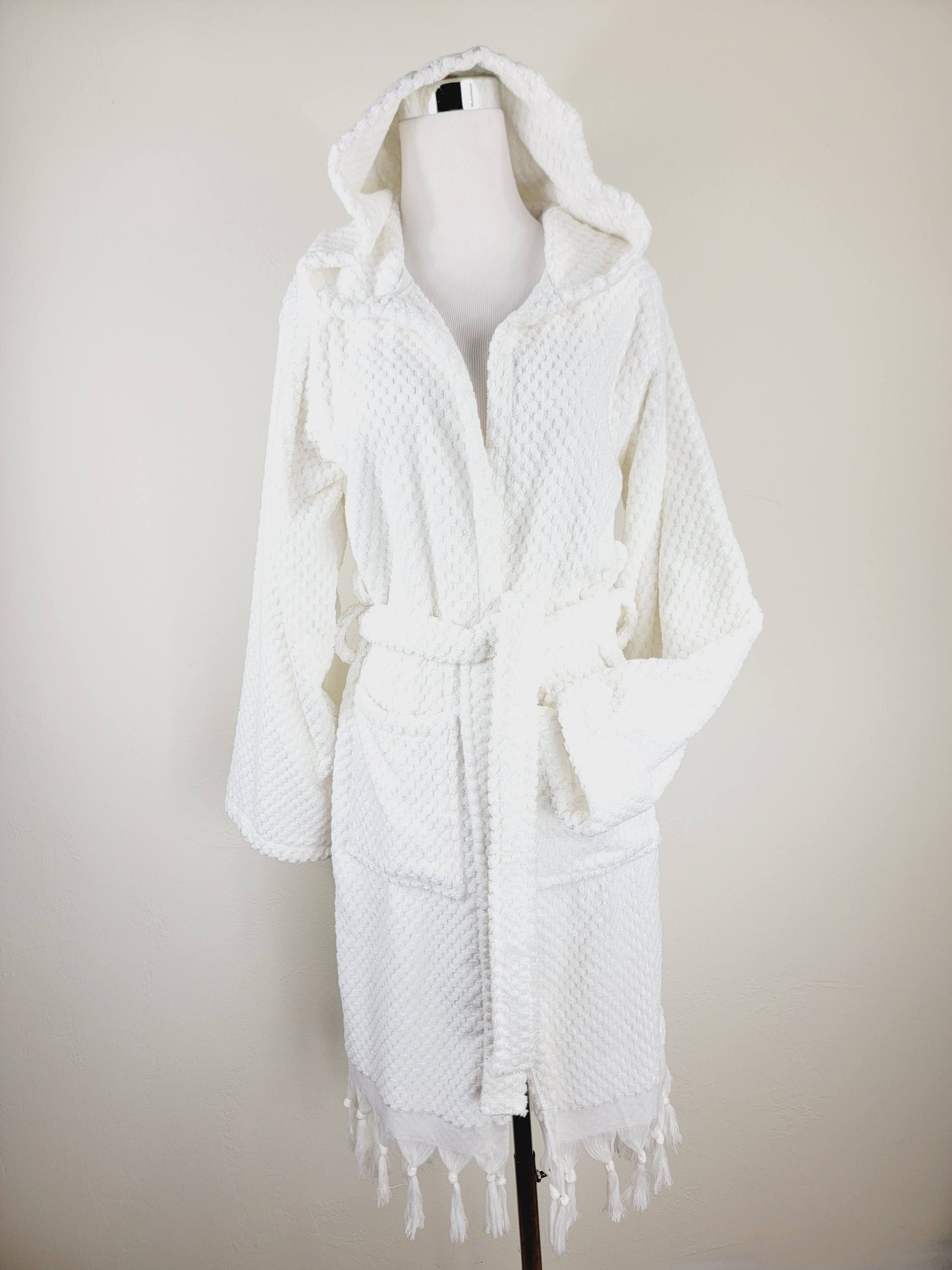 Unisex Robe, Beach Robe, Spa Robe with pockets , White Pom Pom Robe