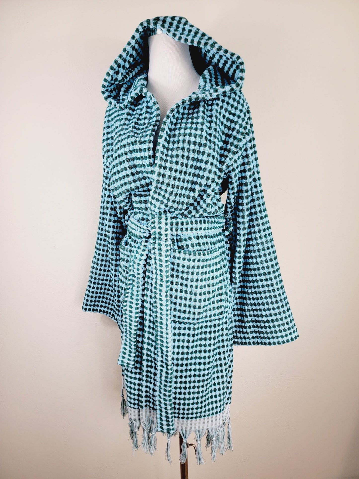 Unisex Robe, Beach Robe, Spa Robe with pockets , Blue Pom Pom Robe