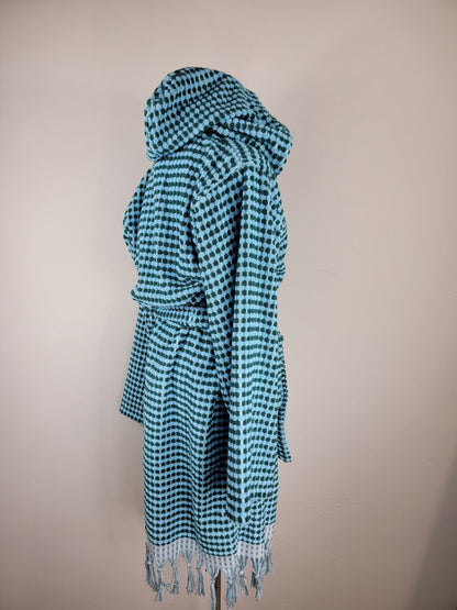 Unisex Robe, Beach Robe, Spa Robe with pockets , Blue Pom Pom Robe