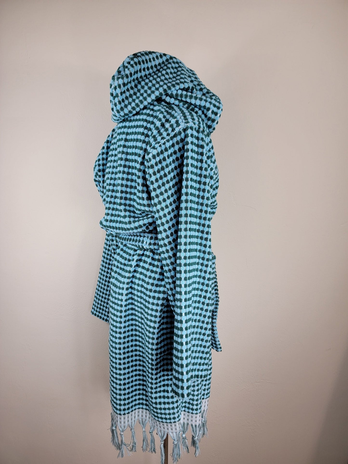 Unisex Robe, Beach Robe, Spa Robe with pockets , Blue Pom Pom Robe